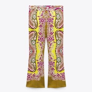 NWT Zara Crop Flare Linen Blend Pants Khaki Multi color XS